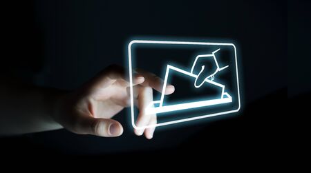 Businesswoman on blurred background voting using digital interface 3D renderingの写真素材
