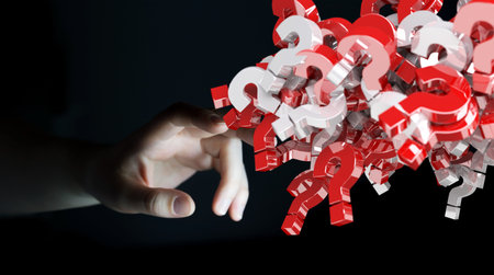Businesswoman on blurred background using 3D rendering question marks