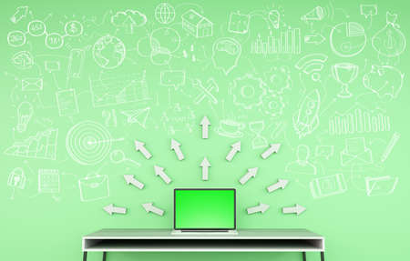 Manuscript project presentation with big arrow written on a green wall over desktop 3D renderingの写真素材