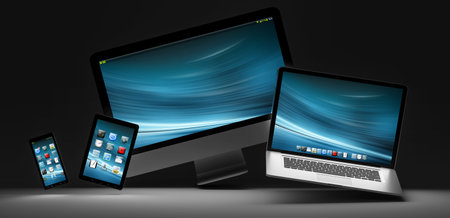 Modern computer laptop mobile phone and tablet in the dark 3D rendering