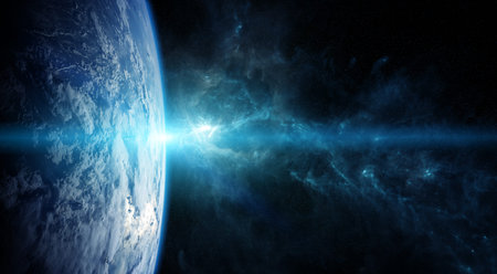 View of the planet Earth from space during a sunrise 3D rendering