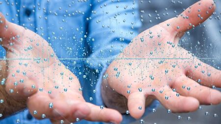 Businessman holding abstract connection interface with lines and dots 3D renderingの写真素材