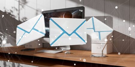 White and blue email flying over modern desktop interior 3D renderingの写真素材