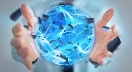 Businessman creating an exploding blue power ball with his hand 3D rendering