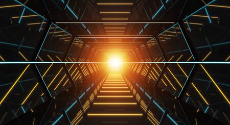 Dark futuristic spaceship corridor with modern blue lights 3D renderingの写真素材