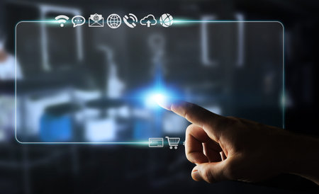 Businessman using tactile interface web address bar to surf on internet 3D rendering