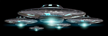 Metal and silver vintage UFO isolated on black background 3D rendering