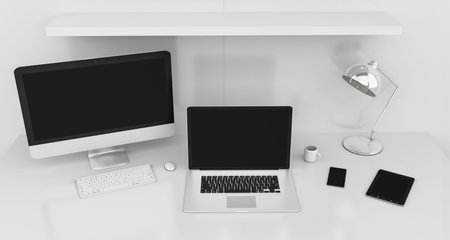 Modern white desk office interior with computer and digital devices and blue screen 3D rendering