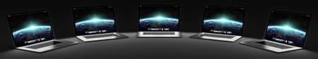 Five modern laptop connected to each other in the dark 3D rendering