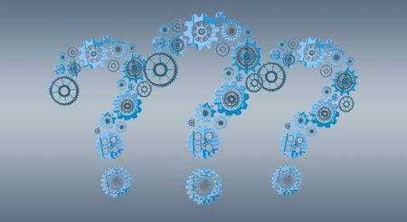 3D rendering gear icons question mark flying on grey backgroundの写真素材