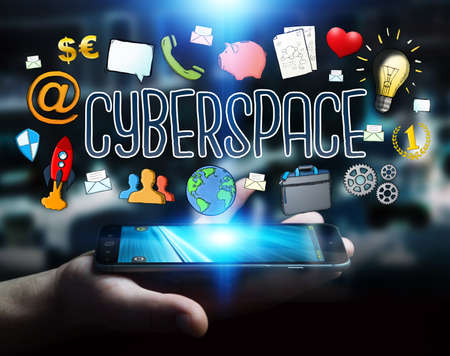 Businessman on blurred background using modern manuscript network textの写真素材