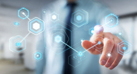 Businessman on blurred background using digital screens with holograms datas 3D rendering