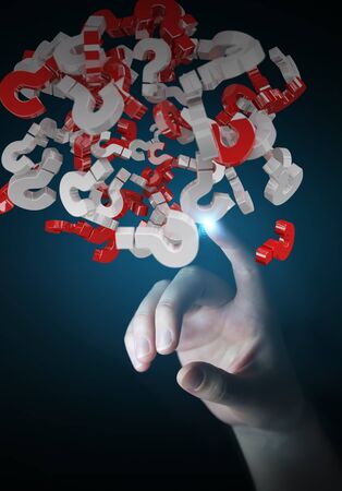 Businesswoman on blurred background using 3D rendering question marksの写真素材