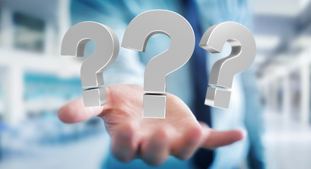 Businessman on blurred background using 3D rendering question marksの写真素材