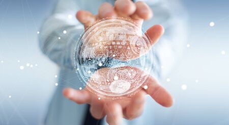Businessman holding white and blue hologram sphere 3D renderingの写真素材