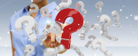 Businesswoman on blurred background using 3D rendering question marksの写真素材