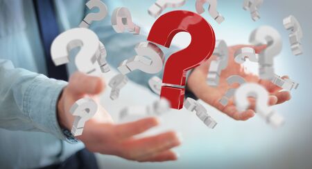 Businessman on blurred background using 3D rendering question marksの写真素材