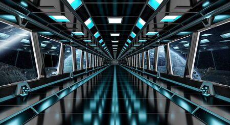 Spaceship black corridor with view on space and distant planets system 3D rendering elements of this image furnished by NASAの写真素材