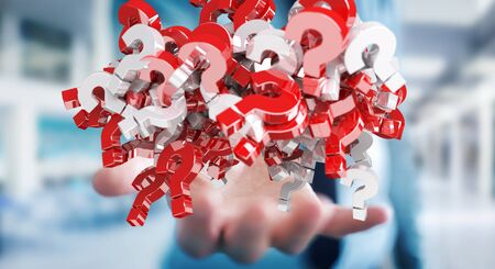 Businessman on blurred background using 3D rendering question marksの写真素材