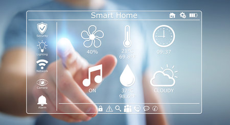 Businessman on blurred background using smart home digital interface 3D rendering