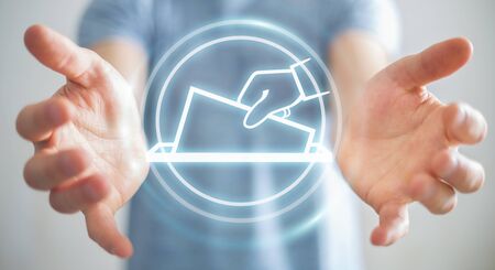 Businessman on blurred background voting using digital interface 3D renderingの写真素材