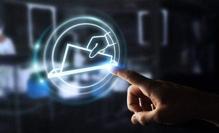 Businessman on blurred background voting using digital interface 3D rendering