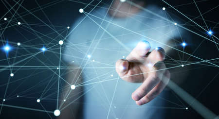 Dot flying network touched by businessman on blurred background 3D renderingの写真素材