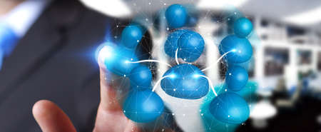 Businessman connecting blue icon social network with his finger 3D renderingの写真素材