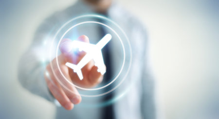 Businessman on blurred background booking his flight with modern digital application 3D rendering