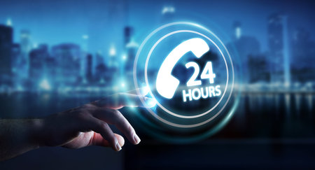Businessman on blurred background using hotline customer assistance 3D rendering