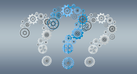 3D rendering gear icons question mark flying on grey backgroundの写真素材