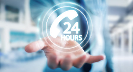 Businessman on blurred background using hotline customer assistance 3D rendering