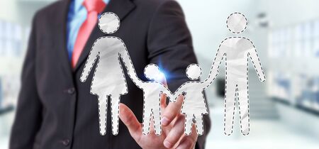 Businessman on blurred background touching family interface with his finger 3D renderingの写真素材