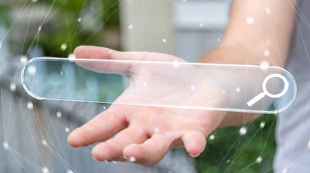 Man using tactile interface web address bar to surf on internet 3D rendering