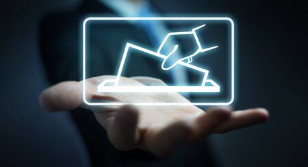 Businessman on blurred background voting using digital interface 3D renderingの写真素材