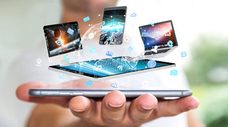 Businessman on blurred background connecting with his mobile phone 3D rendering