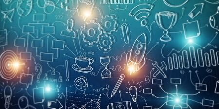 Depth of field on a hand drawn project presentation on blue backgroundの写真素材