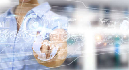 Hologram screen with digital datas used by businesswoman on blurred background 3D renderingの写真素材