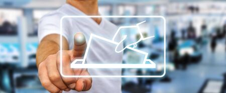 Businessman on blurred background voting using digital interface 3D renderingの写真素材