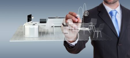 Businessman on blurred background drawing white 3D rendering apartment planの写真素材