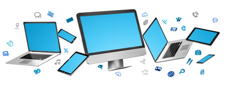 Modern computer laptop mobile phone and tablet connected to each other on white background 3D...