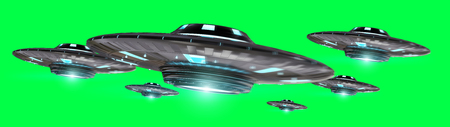 Metal and silver vintage UFO isolated on green background 3D renderingの写真素材