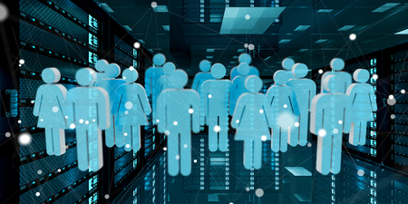 White and blue group of people icons flying over server room data center 3D renderingの写真素材