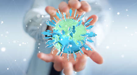 Businessman on blurred background holding 3D rendering group of people surrounding planet Earthの写真素材