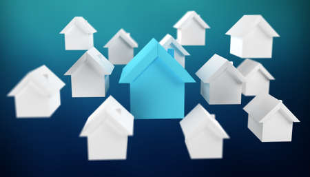 3D rendered small white and blue houses on blue backgroundの写真素材