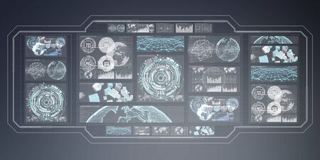 3D rendering digital charts and graph hologram screen on grey backgroundの写真素材