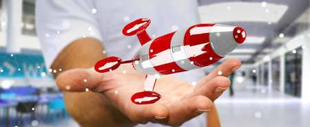 Businessman on blurred background holding red rocket in his hand 3D rendering