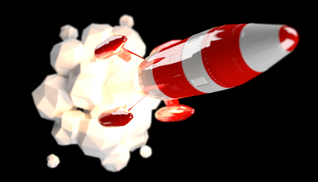 Red and white rocket launching 3D rendering on black backgroundの写真素材