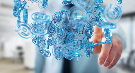 Businessman on blurred background using digital arobase blue sphere to surf on internet 3D rendering
