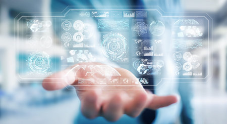 Businessman on blurred background using digital screens with holograms datas 3D rendering